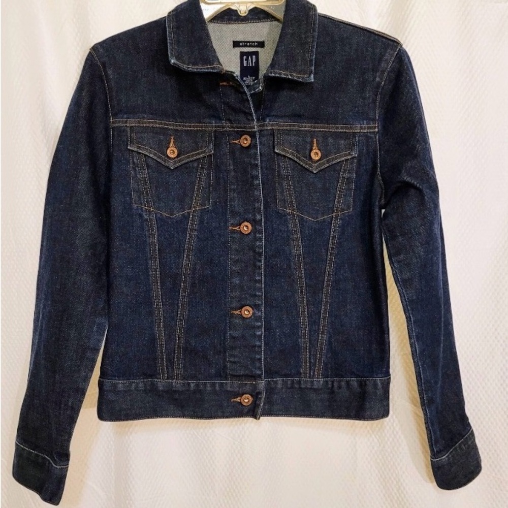 Y2K Large Vintage Women’s GAP Blue Indigo Jean Stretch Dark Denim Trucker Jacket
